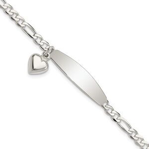 Kazi Luxury Sterling Silver Polished Figaro ID Heart Dangle Bracelet
